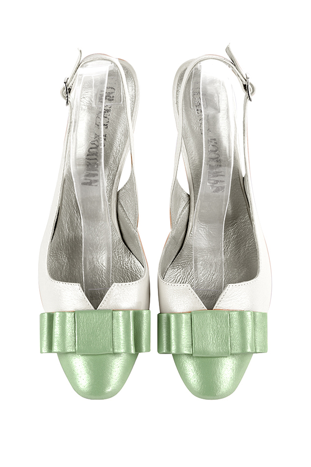 Mint green and pure white women's open back shoes, with a knot. Round toe. High slim heel. Top view - Florence KOOIJMAN